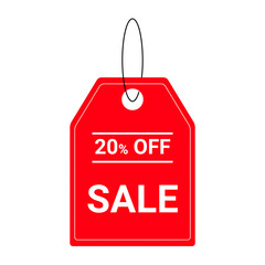 A vibrant red sale tag displaying a 20 off discount, isolated on transparent background, perfect for advertising and promotional materials