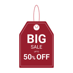 A maroon sale tag announcing a big sale with up to 50 off, isolated on transparent background, ideal for retail promotions