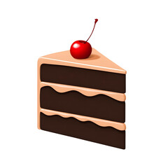 A slice of rich chocolate cake with creamy frosting and a bright red cherry on top