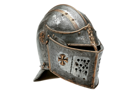 Showcasing medieval armor indoor helmet display at museum. Isolated on transparent background, png.