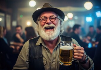 joyful senior man with white beard holding beer mug and laughing in a lively pub surrounded by friends, cheerful evening celebration with drinks and good company