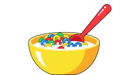 An image of colorful cereal bowl with red spoon.. The scene includes shape, children, white, blue, rings, diet, nutrition, red,
