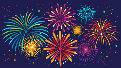 Vector art of colorful fireworks exploding in the night sky, celebrating a festive occasion with bright lights and dazzling patterns