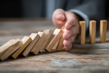 A manager's hand stopping the domino effect on a wooden surface, symbolizing risk management and strategic business intervention.