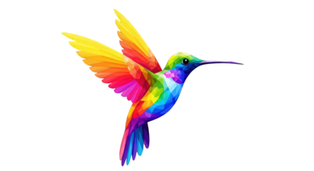 An image of colorful geometric hummingbird in flight.. The scene includes pixel, shape, white, elegant, digital, style, decoration, flight, nature,