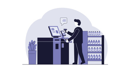 Using scanner at self-checkout, store shelf visible. For tech, shopping apps