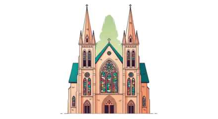 An image of colorful vector illustration of a church.. The scene includes tower, place of worship, white, roof, exterior, style,