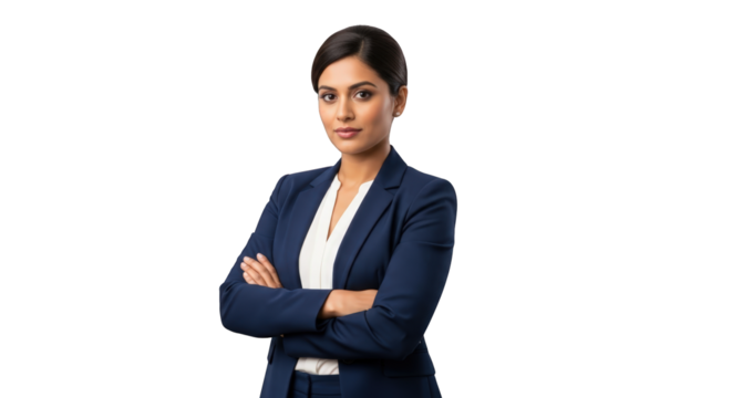 An image of confident businesswoman posing with arms crossed.. The scene includes face, stylish, businesswoman, white, elegant, office, poise, power,