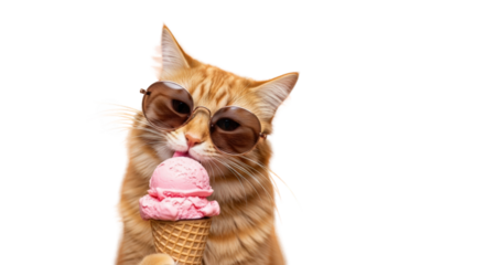 An image of cool cat enjoying pink ice cream 1.. The scene includes treat, domestic, enjoyment, ice cream, summer, playful,