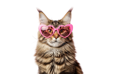 An image of cool cat wearing heartshaped sunglasses.. The scene includes fashion, face, headshot, eyewear, domestic, charming, playful, hipster, trendy,