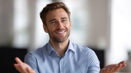 Smiling Confidence: A close-up shot of a cheerful male individual, exuding a warm and inviting smile with open arms, suggesting an approachable and friendly demeanor.