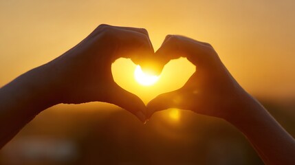 Fototapeta premium Love's Golden Embrace: Two hands, forming a heart shape, frame the warm glow of the setting sun, symbolizing love, warmth, and the beauty of connection.