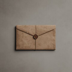 A vintage-style brown envelope sealed with a brown button and string, placed on a gray textured surface.