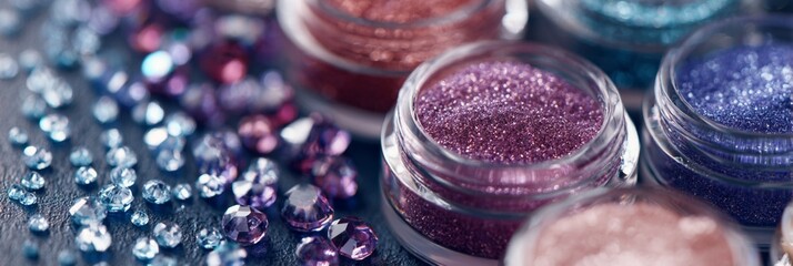 Sparkling cosmetic glitter in various shimmering colors scattered across a dark surface, showcasing an array of metallic and iridescent makeup pigments in glass jars