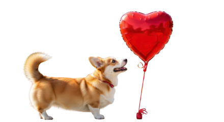 An image of corgi dog with heart balloon.. The scene includes romance, curious, domestic, playful, adorable, gift, red, fluffy, looking,