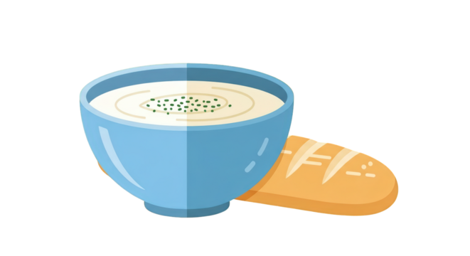 An image of creamy soup with bread illustration.. The scene includes cafe, restaurant, white, diet, blue, style, dinner, nutrition, kitchen,