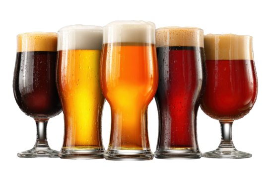 Tasting craft beers brewery beverage photography indoor close-up. Isolated on transparent background, png.