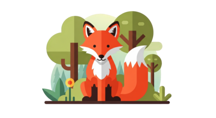 An image of cute fox in forest illustration.. The scene includes flora, playful, summer, white, adorable, style, simple, nature, red,