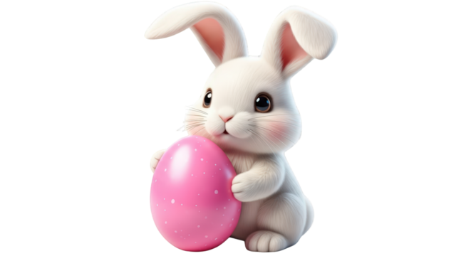 An image of cute easter bunny holding pink egg.. The scene includes image, Easter, playful, white, adorable, ears, digital, tradition,