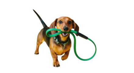 An image of dachshund dog ready for walk.. The scene includes domestic, leash, playful, wiener dog, adorable, walk, green, friend,