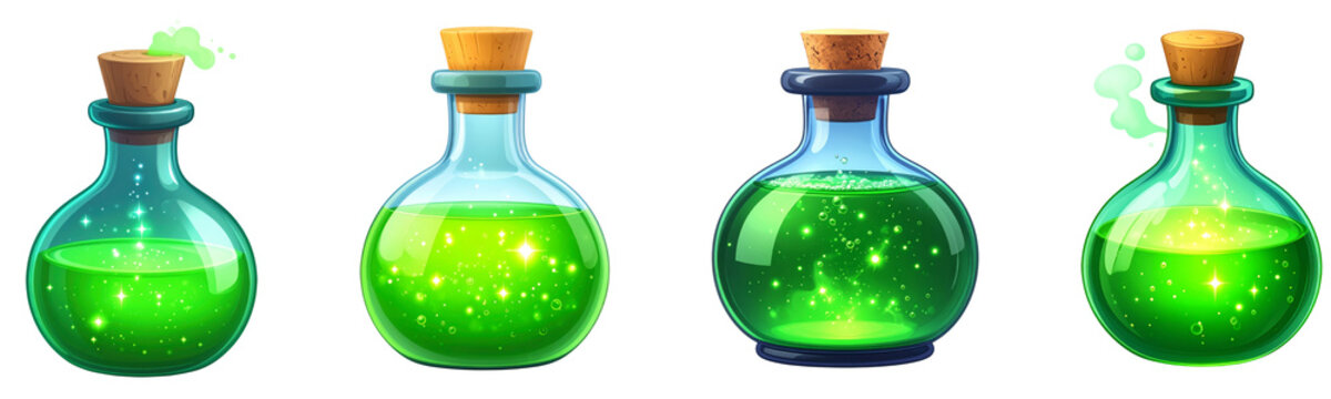 Magical green potion bottle glowing liquid fantasy elixir glass container sparkling effect mystical vibrant enchanting isolated on transparency background