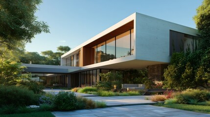 minimalist modern house with large floor-to-ceiling windows, surrounded by a lush, manicured garden