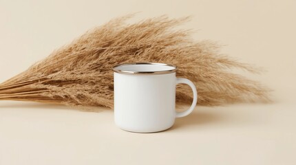 Enamel mug mockup with a pampas on a beige table
