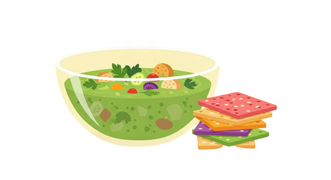 An image of delicious green soup with crackers.. The scene includes image, vegetarian, diet, style, dinner, nutrition, red, drawing, green,