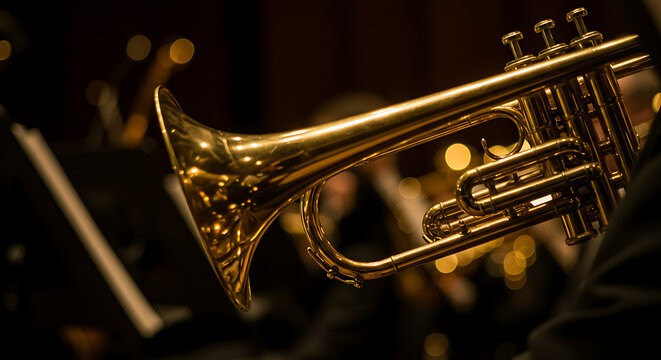 Gleaming Golden Trumpet in Concert Setting Musical Instrument CloseUp.