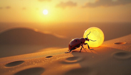 Ladybug-like insect whimsical pushing glowing orb against desert sunset