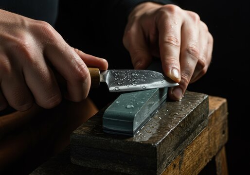 Master Craftsman Sharpening a Knife on Honing Stone Water Drops Precision Detail Expert - Powered by Adobe