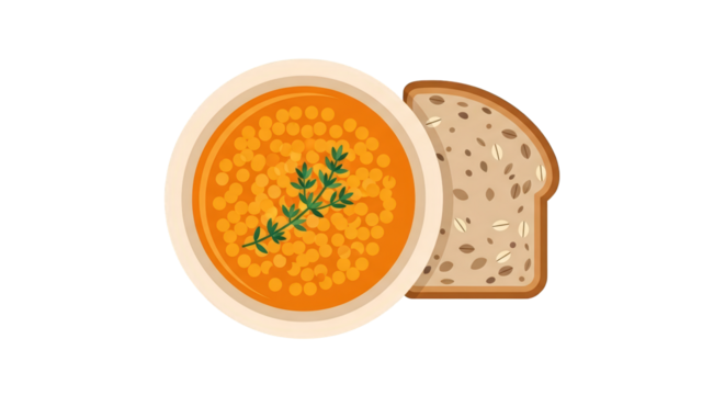 An image of delicious lentil soup with bread.. The scene includes gastronomy, appetite, vegetarian, nourishing, diet, plant-based, nutrition, dinner, simple,