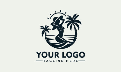Silhouette of a woman in a bikini, relaxing on a beach under palm trees at sunset, forming a logo design.