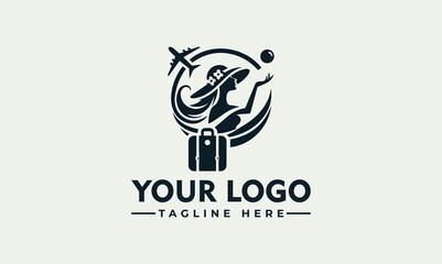 Silhouette logo design of a woman relaxing on a beach with palm trees and airplanes, showcasing a travel theme.