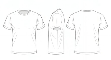Technical drawing of a classic t-shirt template showcasing front, side, and back views for apparel design and production.