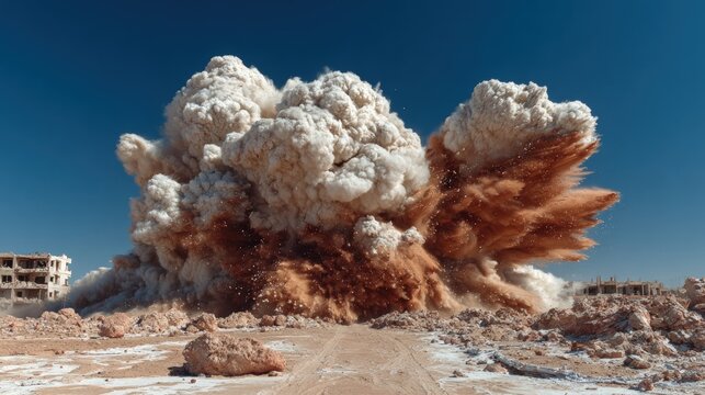 Massive demolition explosion, clouds of debris, light-brown dust,  against a clear blue sky - Powered by Adobe