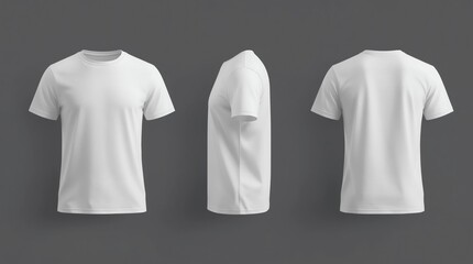 men's white short sleeve t-shirt mockup in front, side and back views, design presentation for print, 3d illustration, 3d rendering