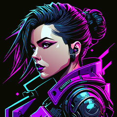 Vibrant cyberpunk portrait of a person in glowing neon suit and metallic visor, with braided cables and holographic details against a dark, futuristic cityscape background.