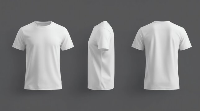 men's white short sleeve t-shirt mockup in front, side and back views, design presentation for print, 3d illustration, 3d rendering