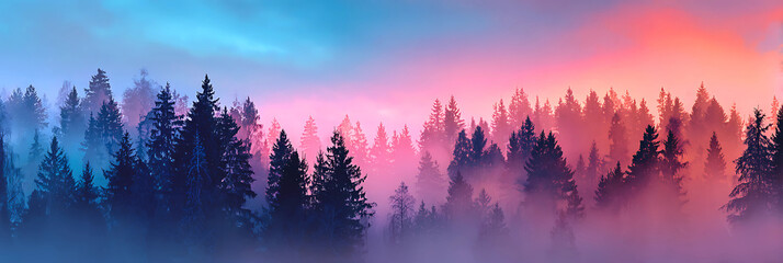 Misty evergreen forest at sunrise or sunset with vibrant pink blue and purple sky and soft atmospheric fog