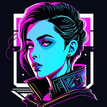 Vibrant neon-infused cyberpunk portrait of a person with braided hair, metallic visor, and holographic accents framed by bold geometric patterns and glowing futuristic colors.