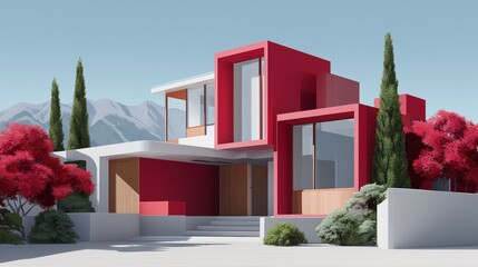 A modern house with a striking geometric design, featuring intersecting rectangular volumes and a bold, monochromatic color scheme