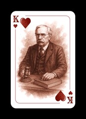 The King of Hearts is a playing card from a Wild West themed deck. The original design of the King of Hearts depicts an elderly judge in a Wild West setting.