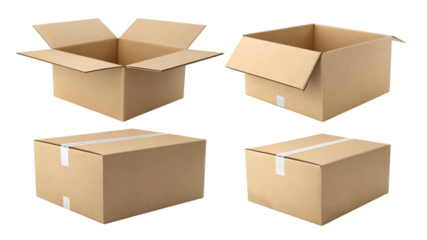open cardboard box ,blank brown paper cardboard box different angles isolated on transparent background 
