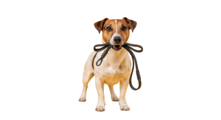 An image of dog holding leash ready to walk.. The scene includes leash, domestic, playful, curious, training, white, adorable, walk,