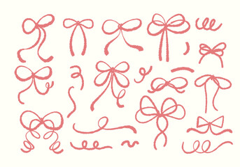 Hand Drawn Illustration Set Of Cute Ribbon in Pink Color Created with a playful, crayon-like texture. Perfect for use in scrapbooking, packaging, greeting cards, invitations, and planners