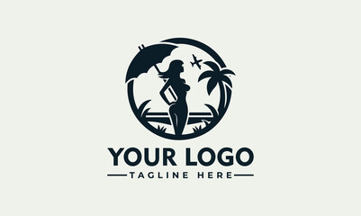 Silhouette logo depicting a woman with an umbrella, a palm tree, and an airplane within a circular frame.