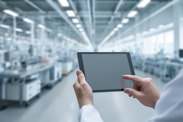 Close-up view of a technician's hands holding a tablet, managing operations in a modern automated factory background.