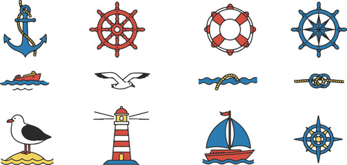Nautical Icons with Boat Seagull and Lighthouse Featuring Anchor Ship Wheel Lifebuoy Compass and Sailboat