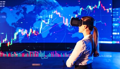 Woman in VR Headset Analyzing Stock Market Data and Global Trends